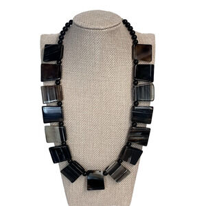 Vintage Sterling Silver Black Chunky Agate Beads Statement Necklace 20" (#20)